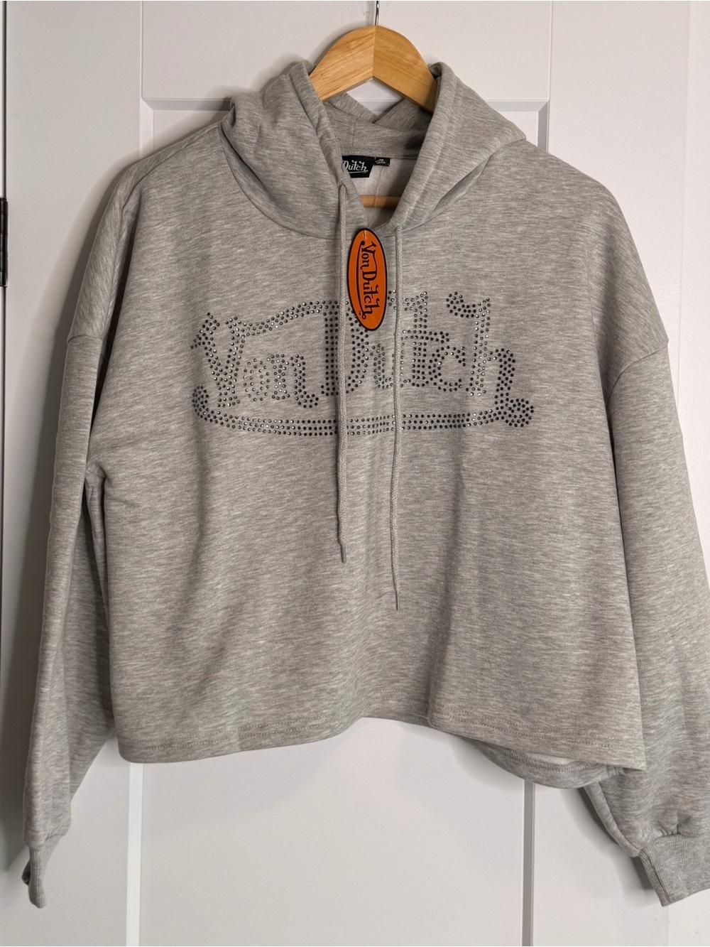 🩵2 for 30- Von Dutch Light Gray Rhinestone Logo Cropped Hoodie